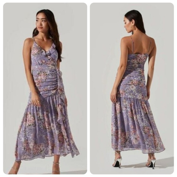 Astr Dresses & Skirts - NEW Free People ASTR The Label Kiana Purple Floral Ruched Midi Dress Size Small